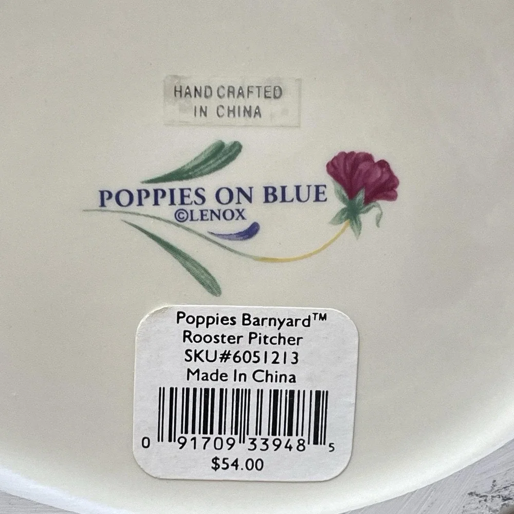 Vintage Lenox Poppies on Blue Barnyard Collection Rooster Pitcher Ceramic Large